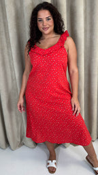 CurveWow Frill V-Neck Summer Dress Red Ditsy