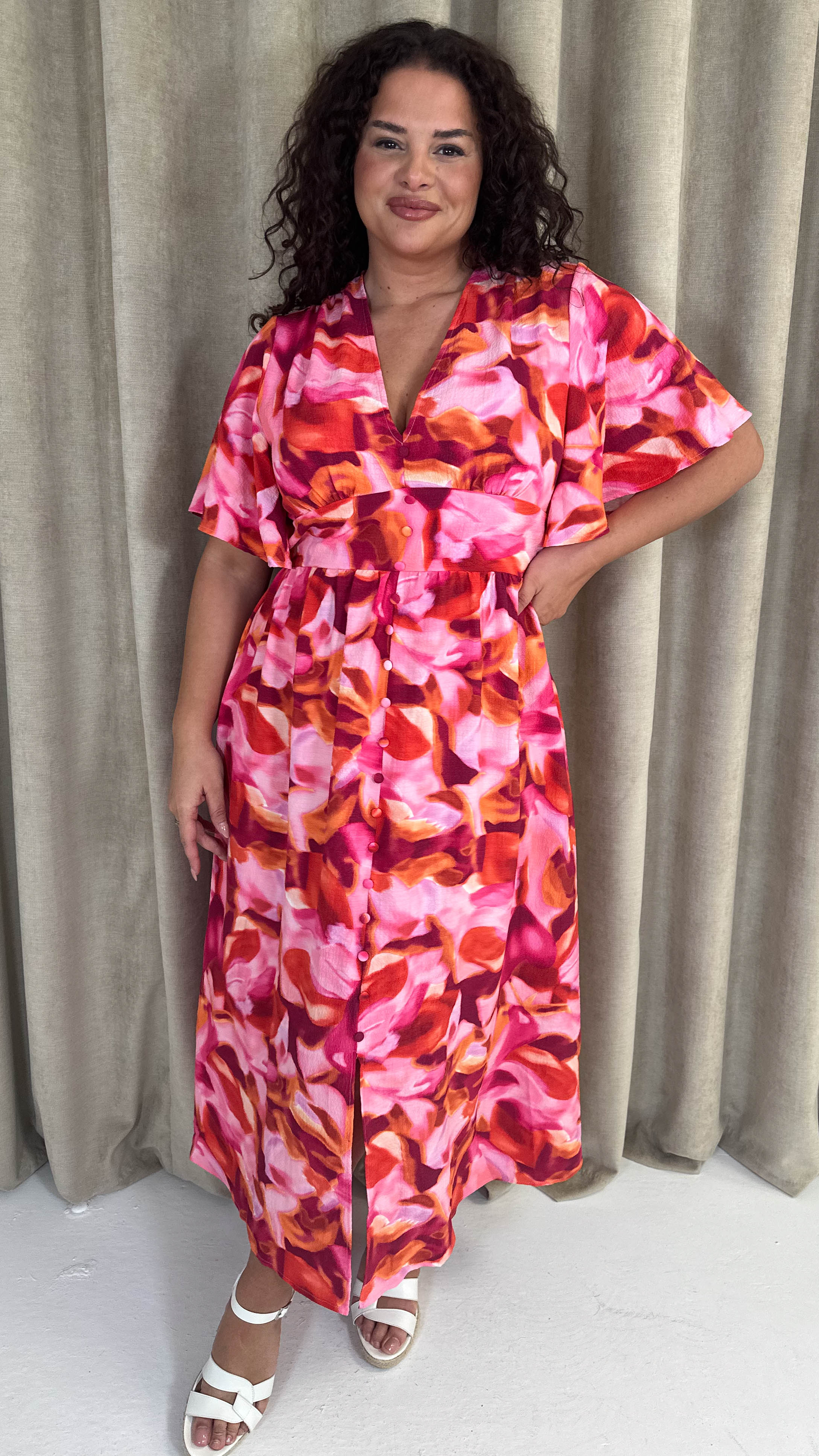 CurveWow Angel Sleeve Button Front Dress Abstract Floral