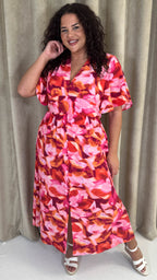 CurveWow Angel Sleeve Button Front Dress Abstract Floral