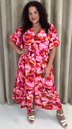 CurveWow Angel Sleeve Button Front Dress Abstract Floral