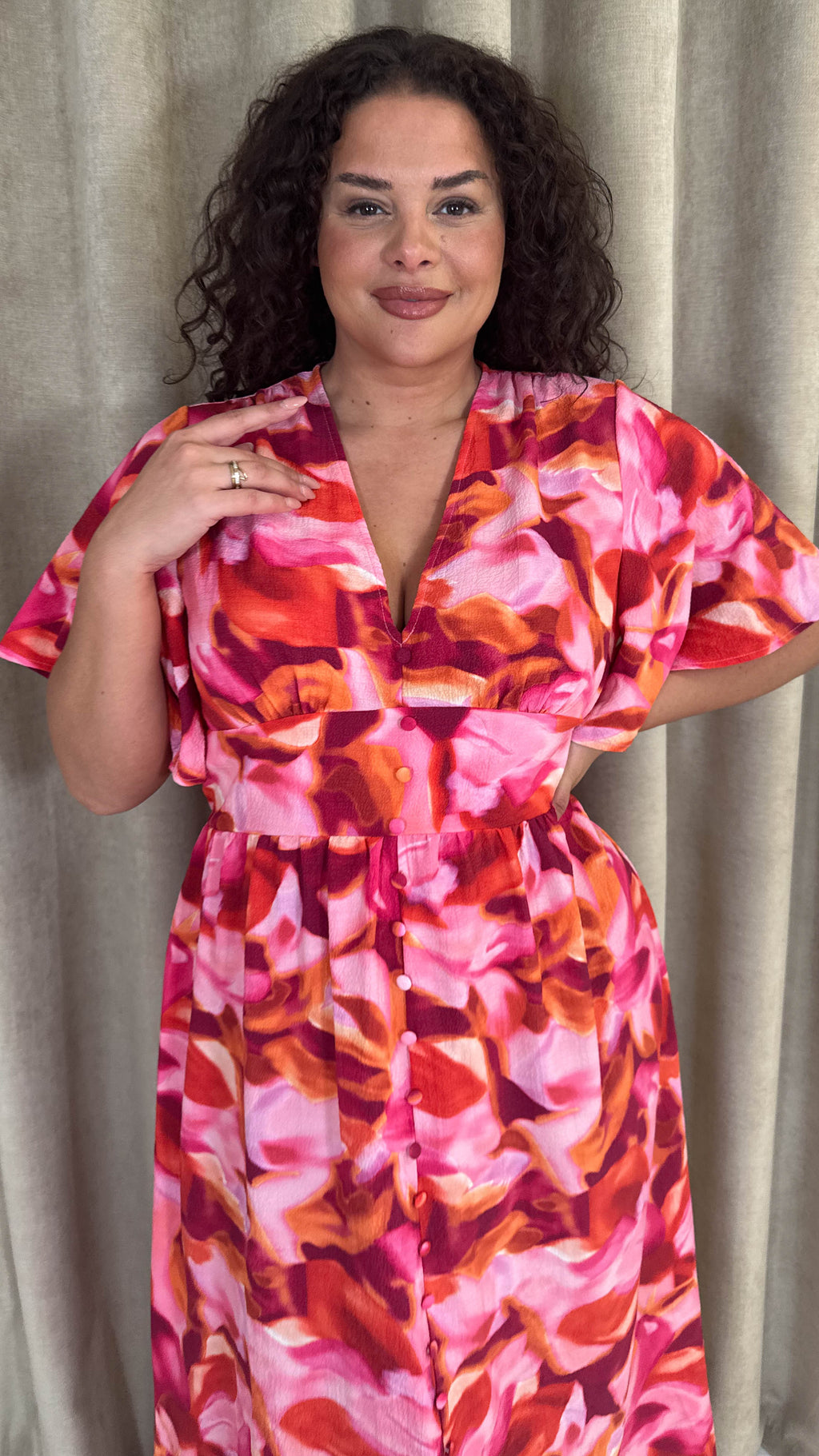 CurveWow Angel Sleeve Button Front Dress Abstract Floral