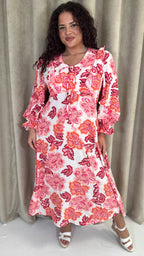 CurveWow Frill Sleeve Maxi Dress Cream & Red Floral