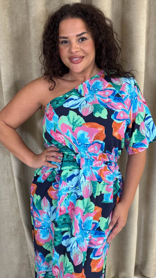 CurveWow One Shoulder Printed Maxi Dress Multi Floral