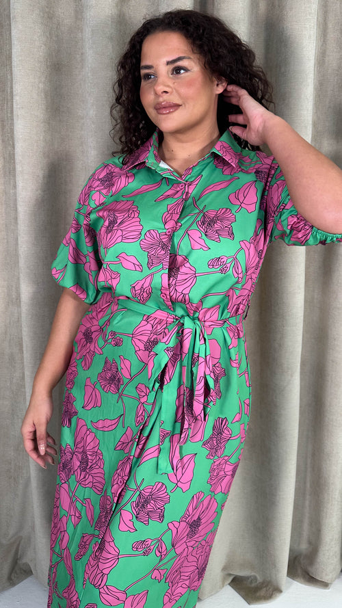 CurveWow Floral Tie Waist Shirt Dress Pink & Green Floral