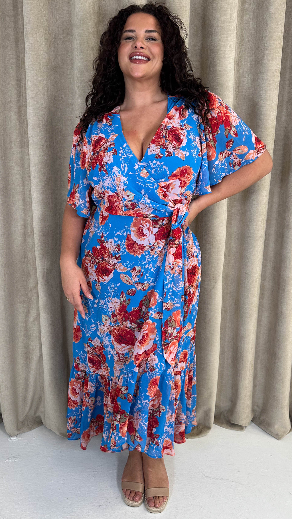 CurveWow Asymmetric Wrap Dress Blue Floral