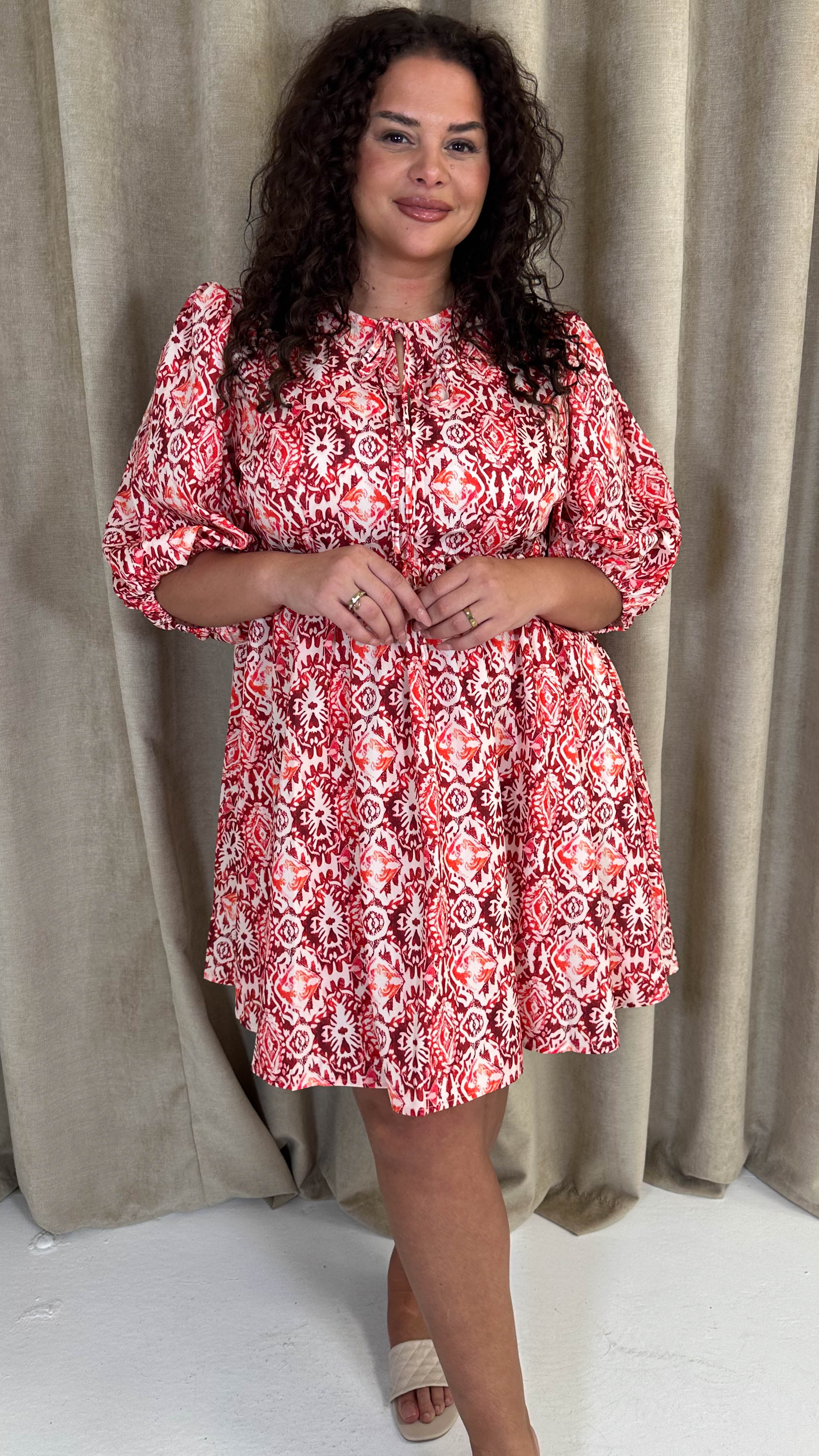 CurveWow Printed Smock Dress Red