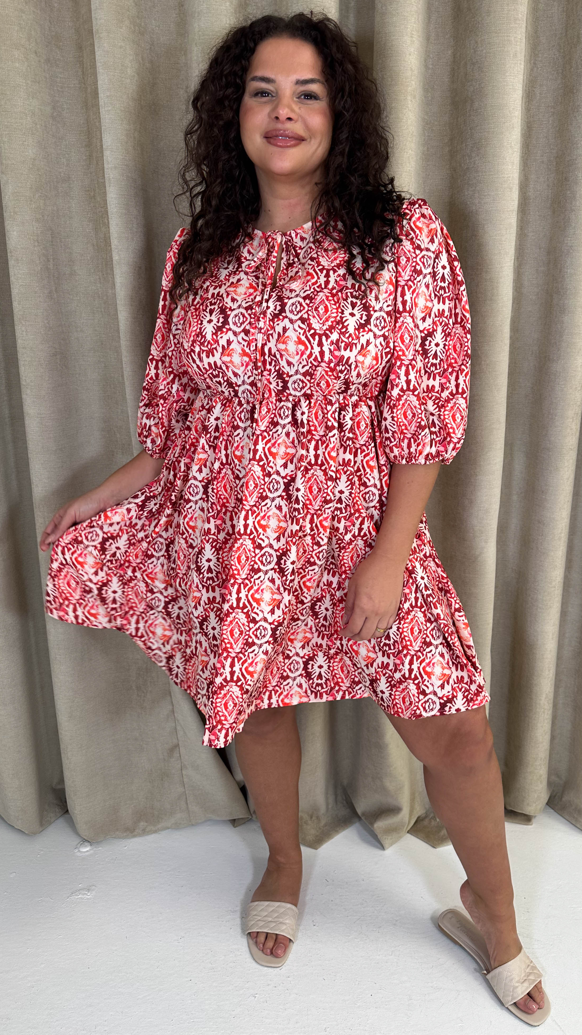 CurveWow Printed Smock Dress Red
