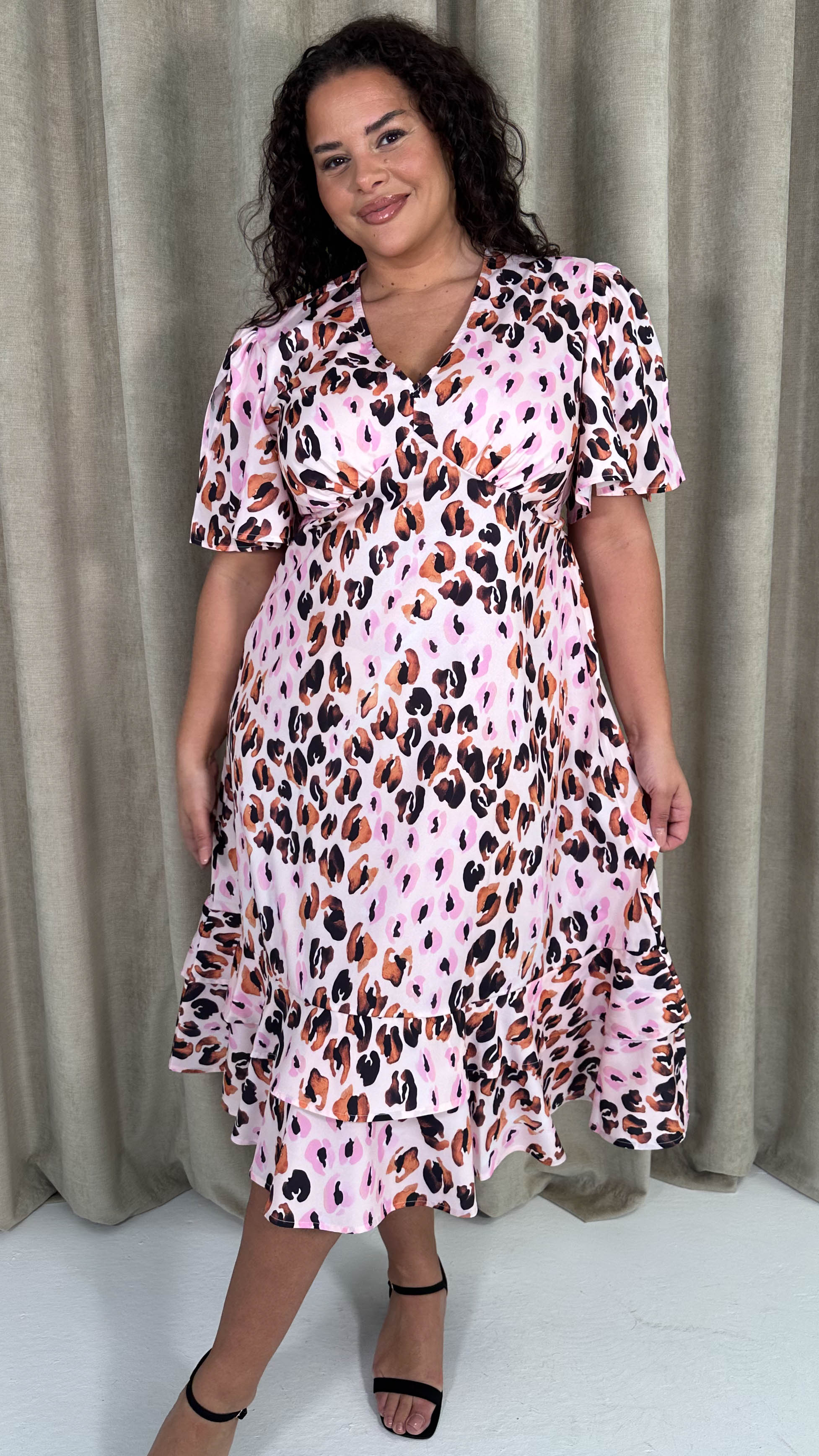 CurveWow Frill Hem Midi Dress Pink Animal