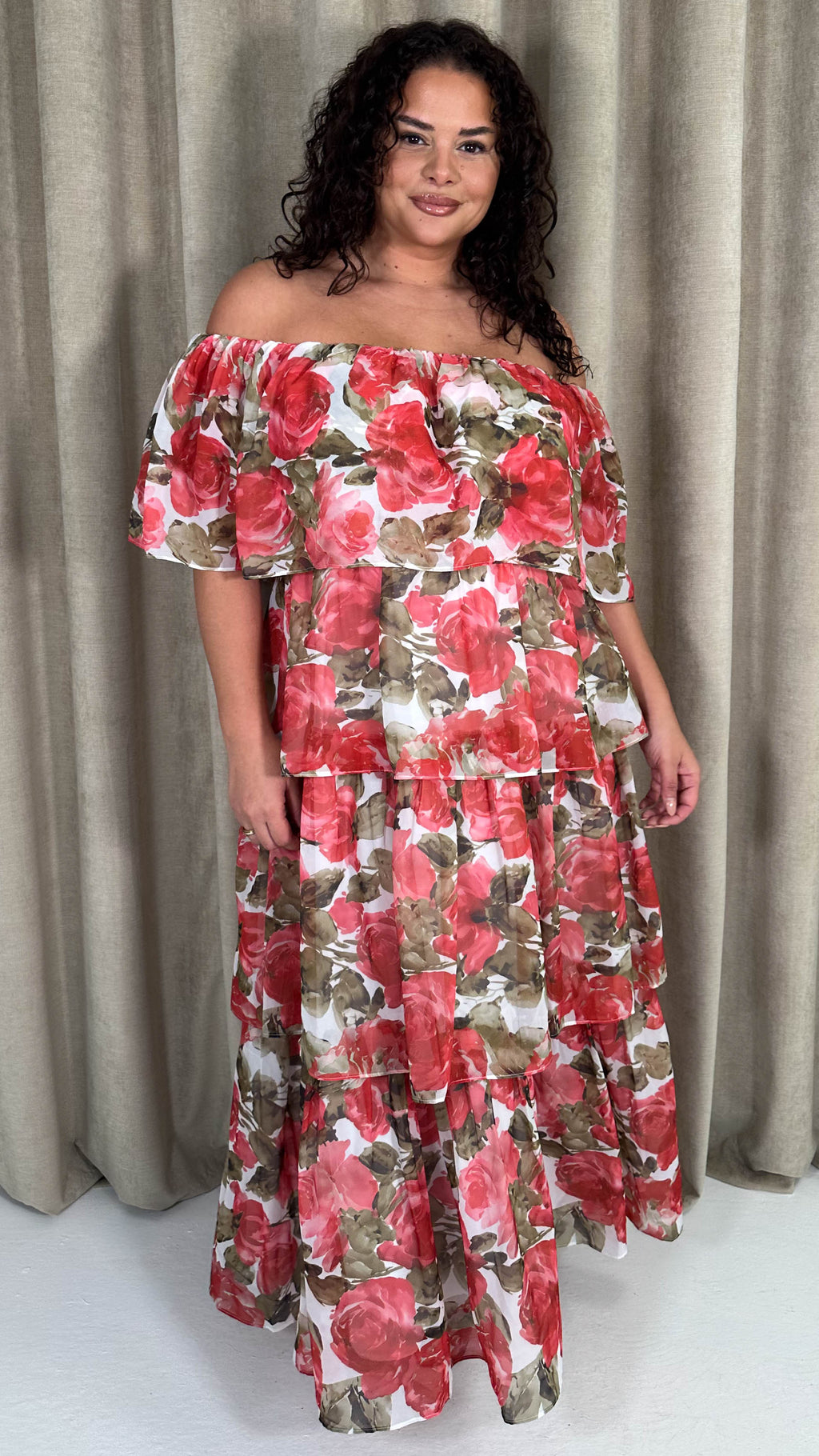 CurveWow Bardot Layered Maxi Dress Red