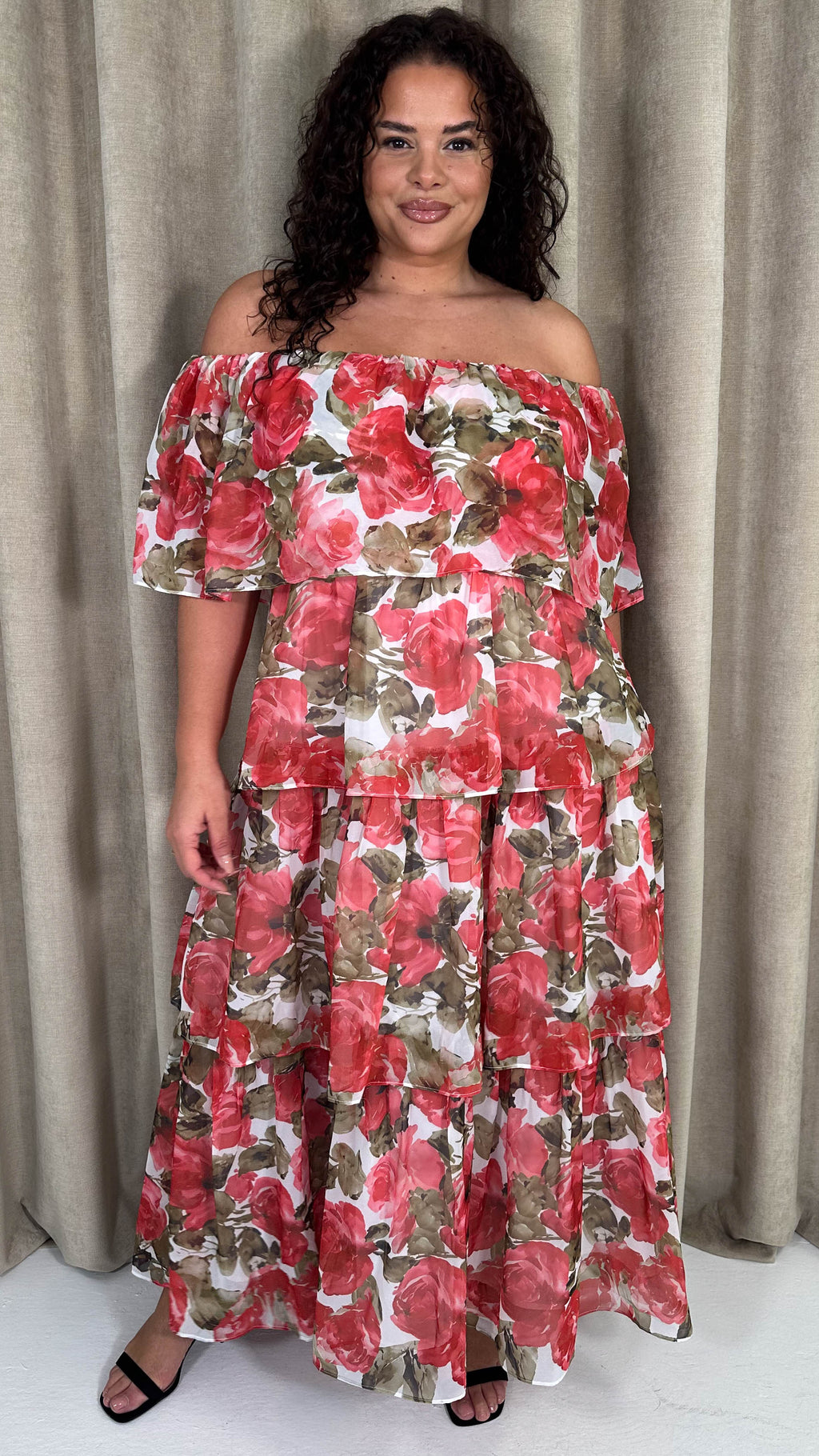 CurveWow Bardot Layered Maxi Dress Red