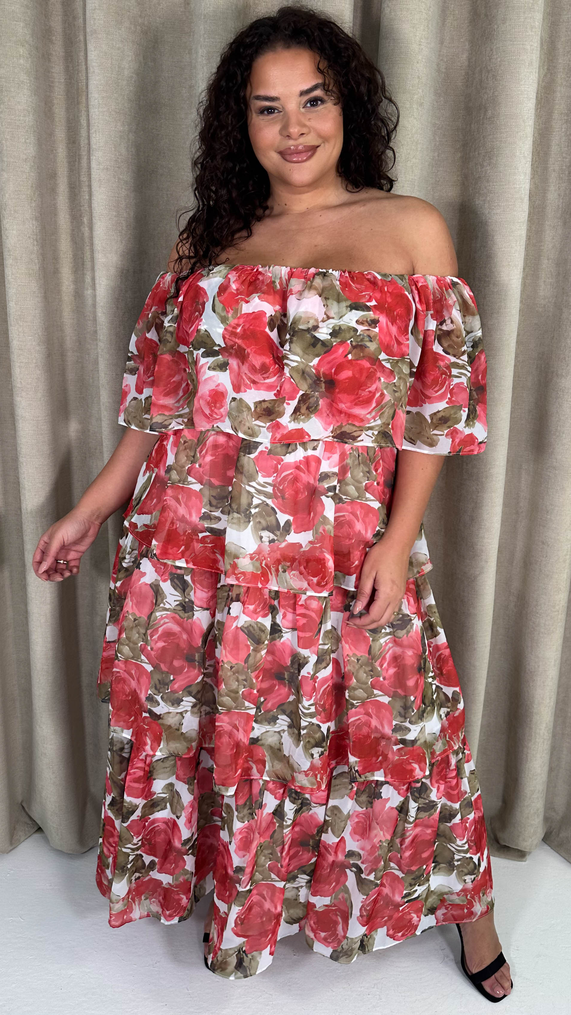 CurveWow Bardot Layered Maxi Dress Red