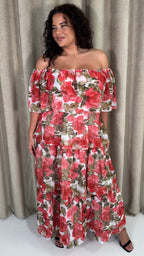 CurveWow Bardot Layered Maxi Dress Red