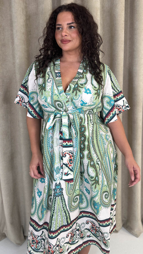 CurveWow Paisley Tie Front Dress Green