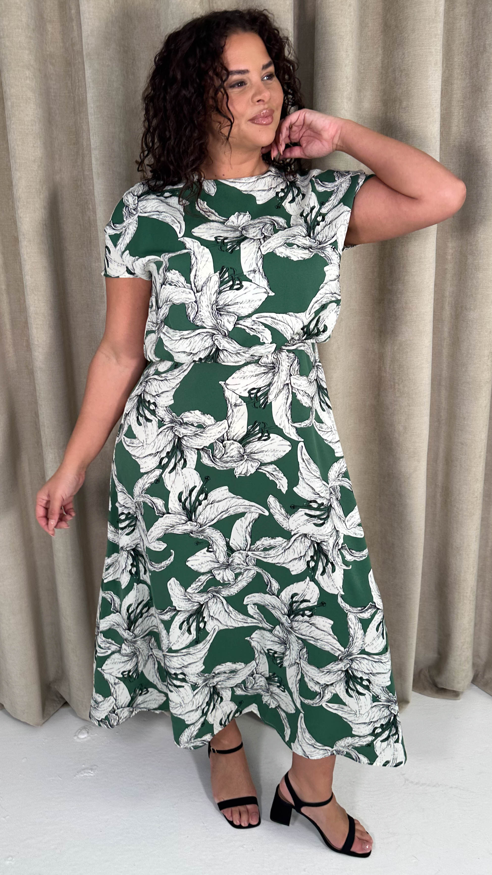 CurveWow Blouson Top Midaxi Dress Green Lily