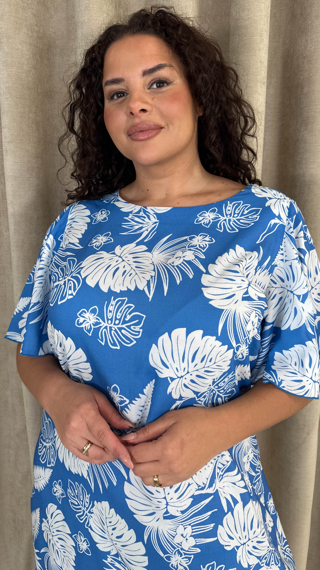 CurveWow V Back Mini Dress Blue Palm