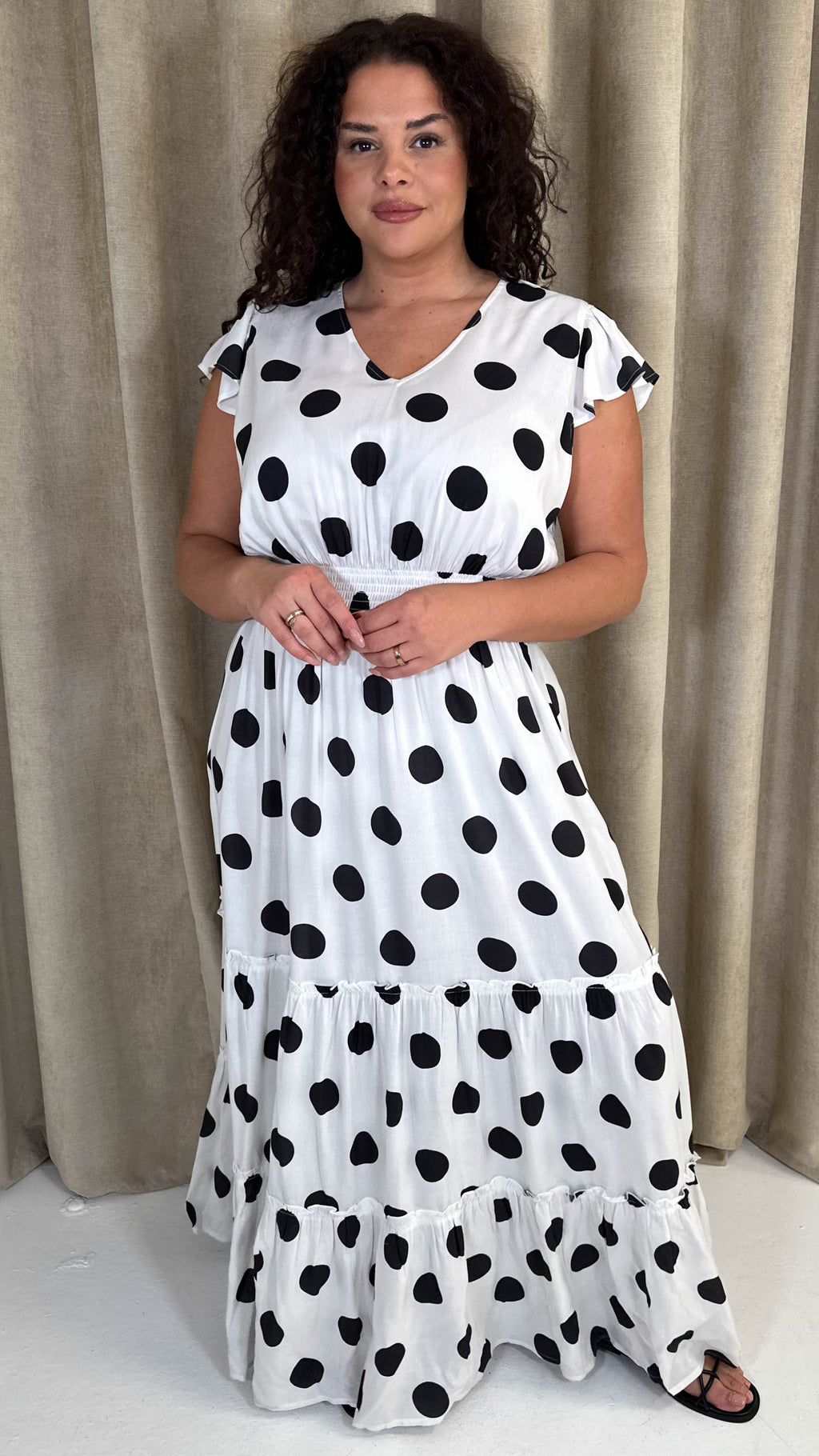 CurveWow Polka Dot Angel Sleeve Maxi Dress White
