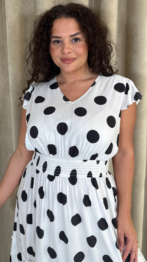 CurveWow Polka Dot Angel Sleeve Maxi Dress White