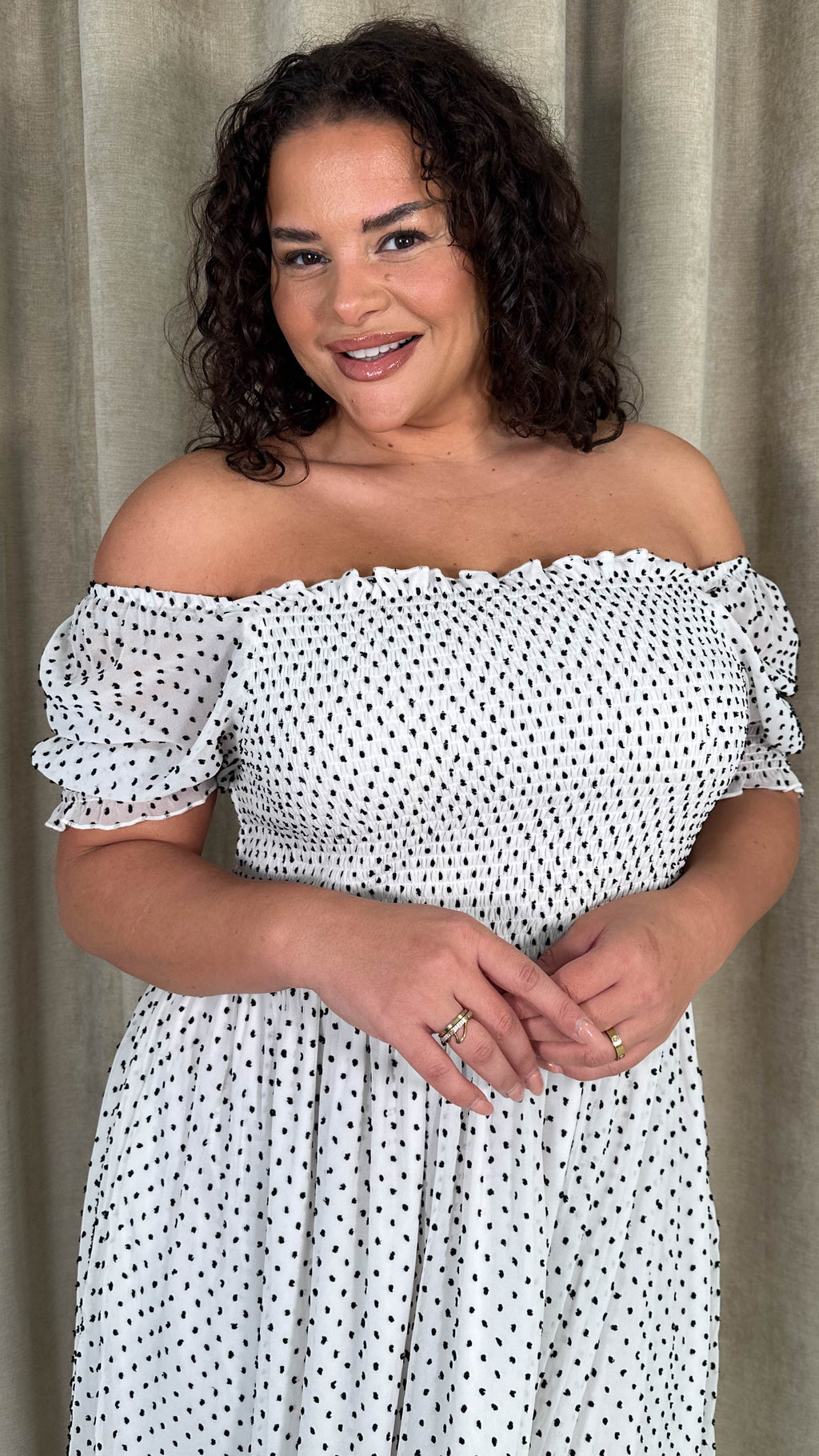 CurveWow Puff Sleeve Midi Dress White & Black Spot
