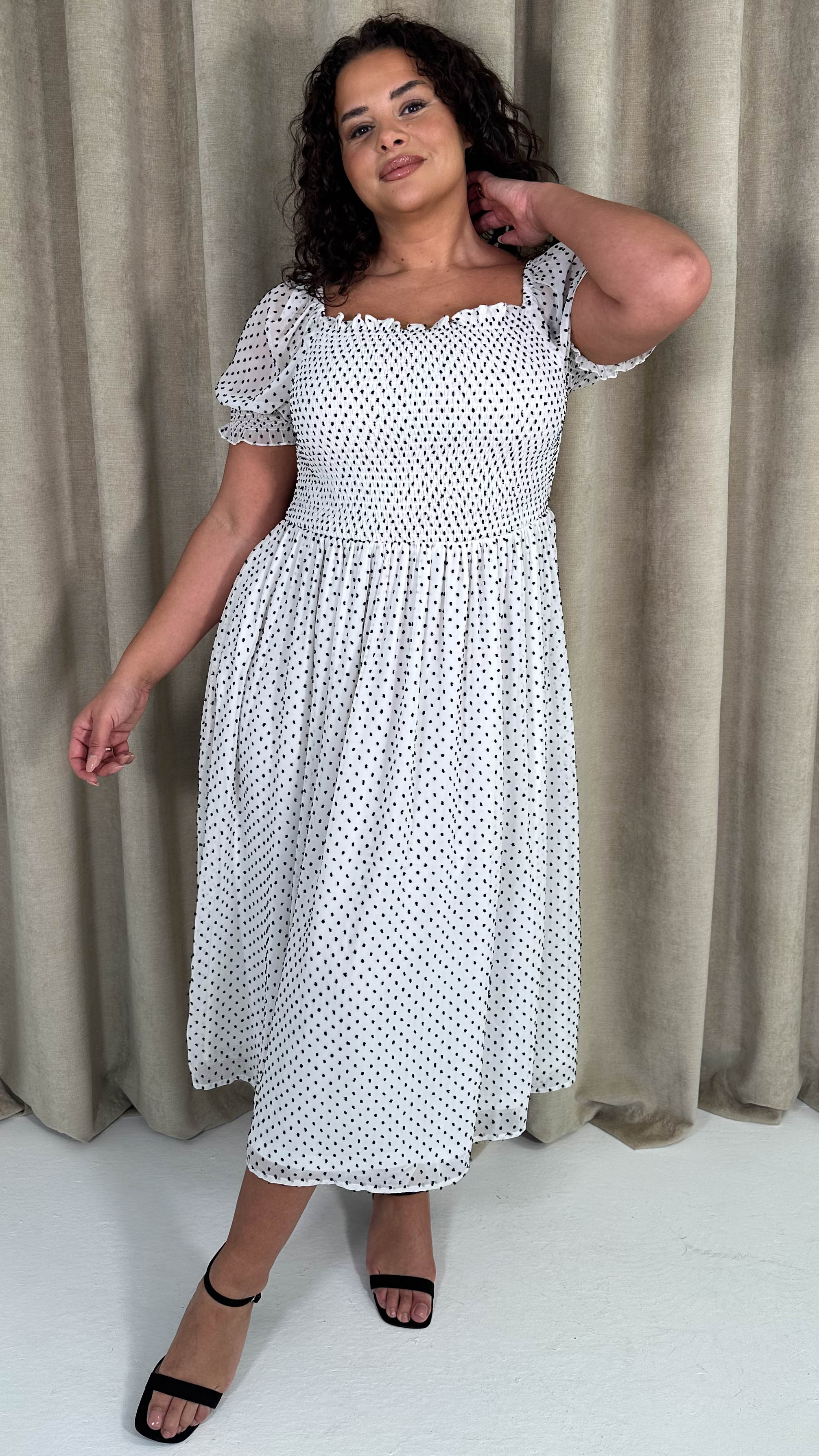 CurveWow Puff Sleeve Midi Dress White & Black Spot