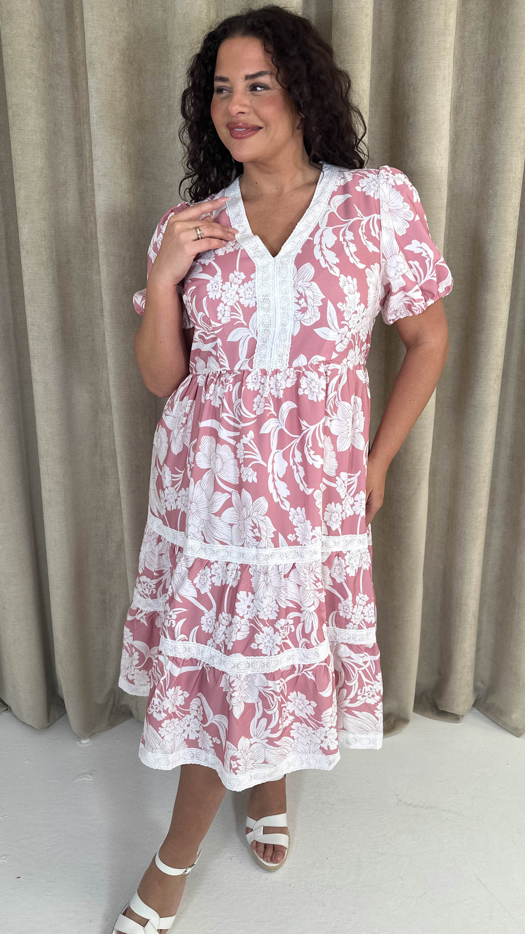 CurveWow Tiered Print Midi Dress Pink Floral