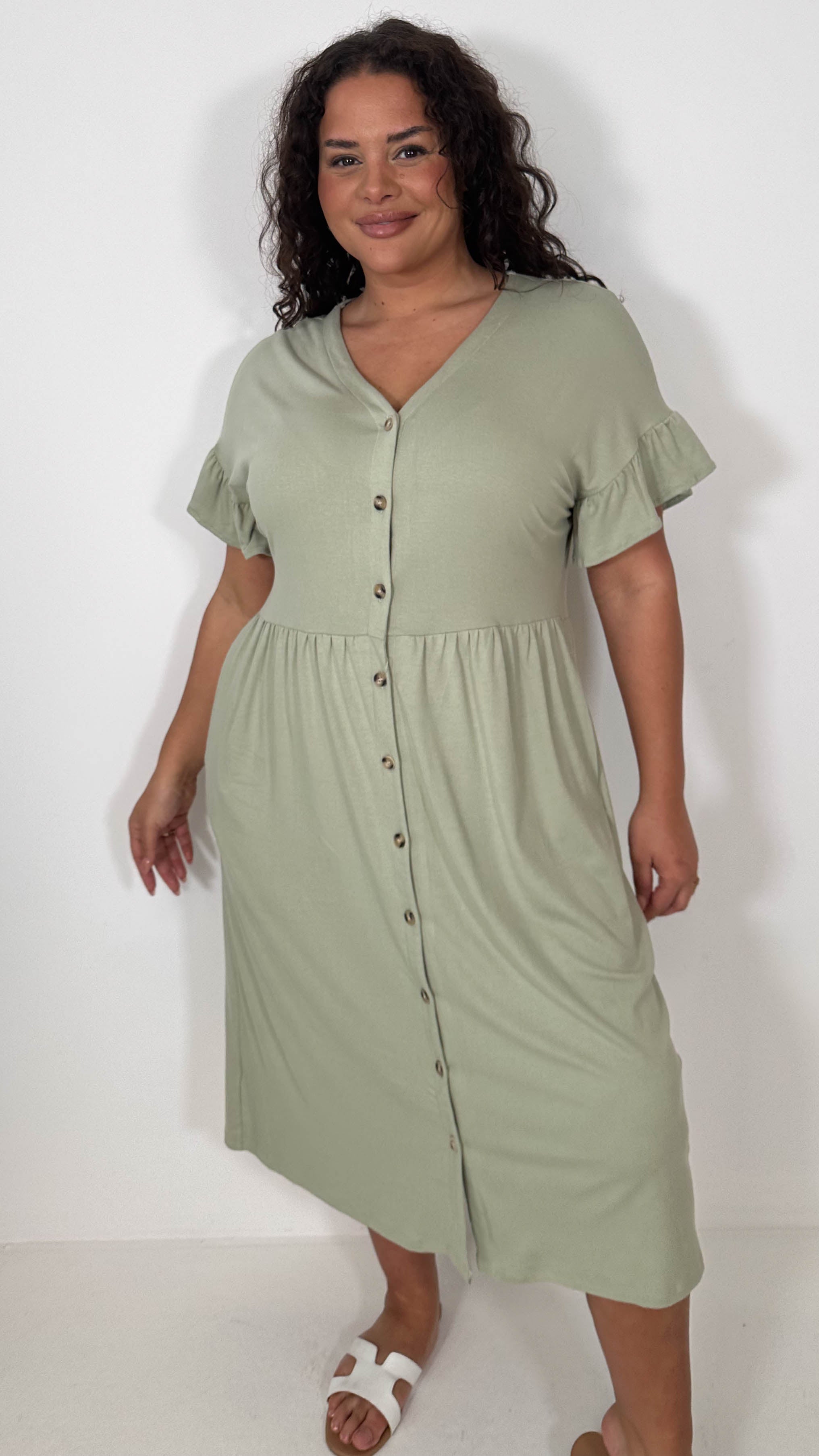 CurveWow Frill Sleeve Button Front Dress Light Khaki