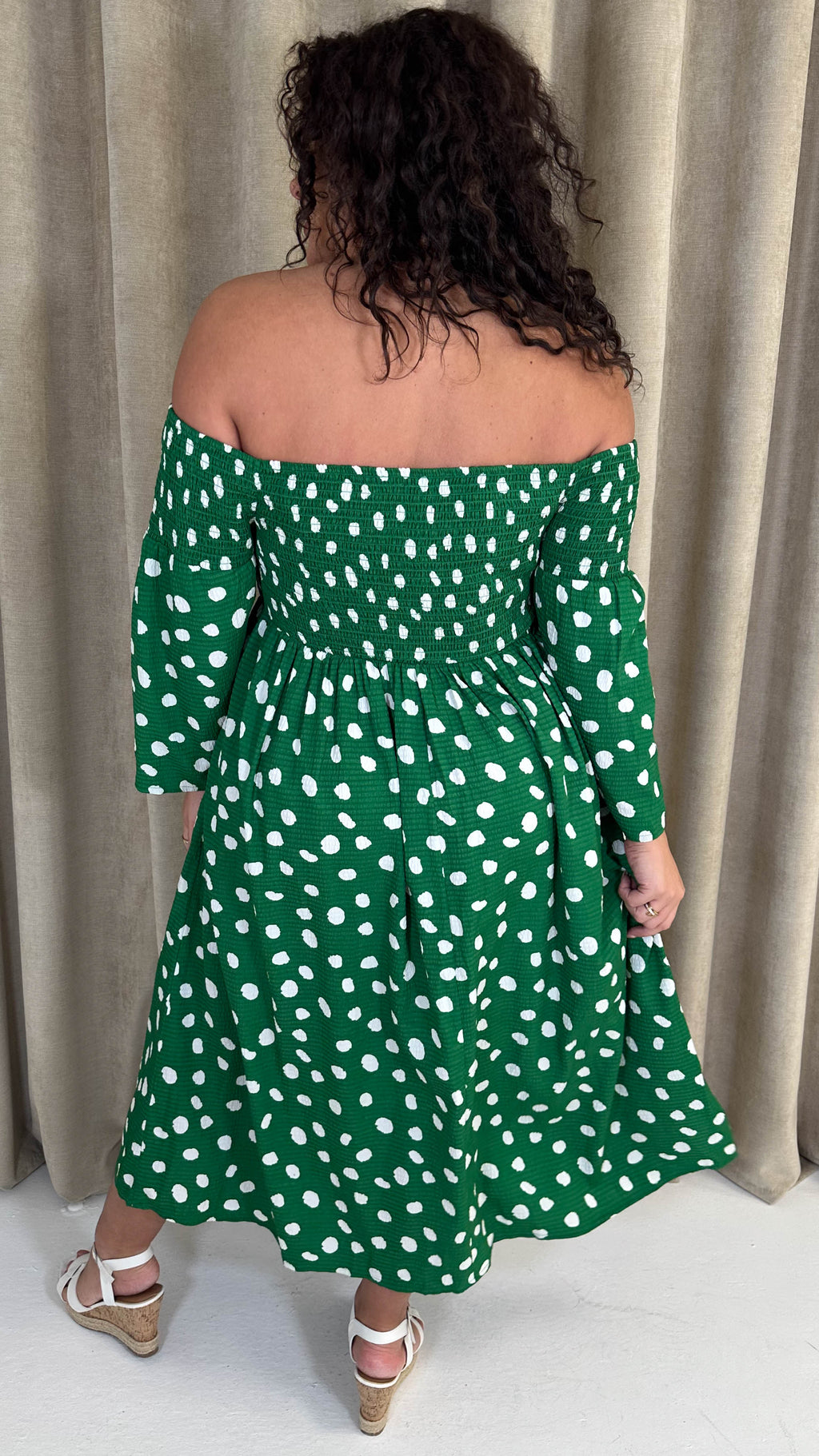 CurveWow Bardot Shirred Midaxi Dress Green Spot