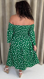CurveWow Bardot Shirred Midaxi Dress Green Spot