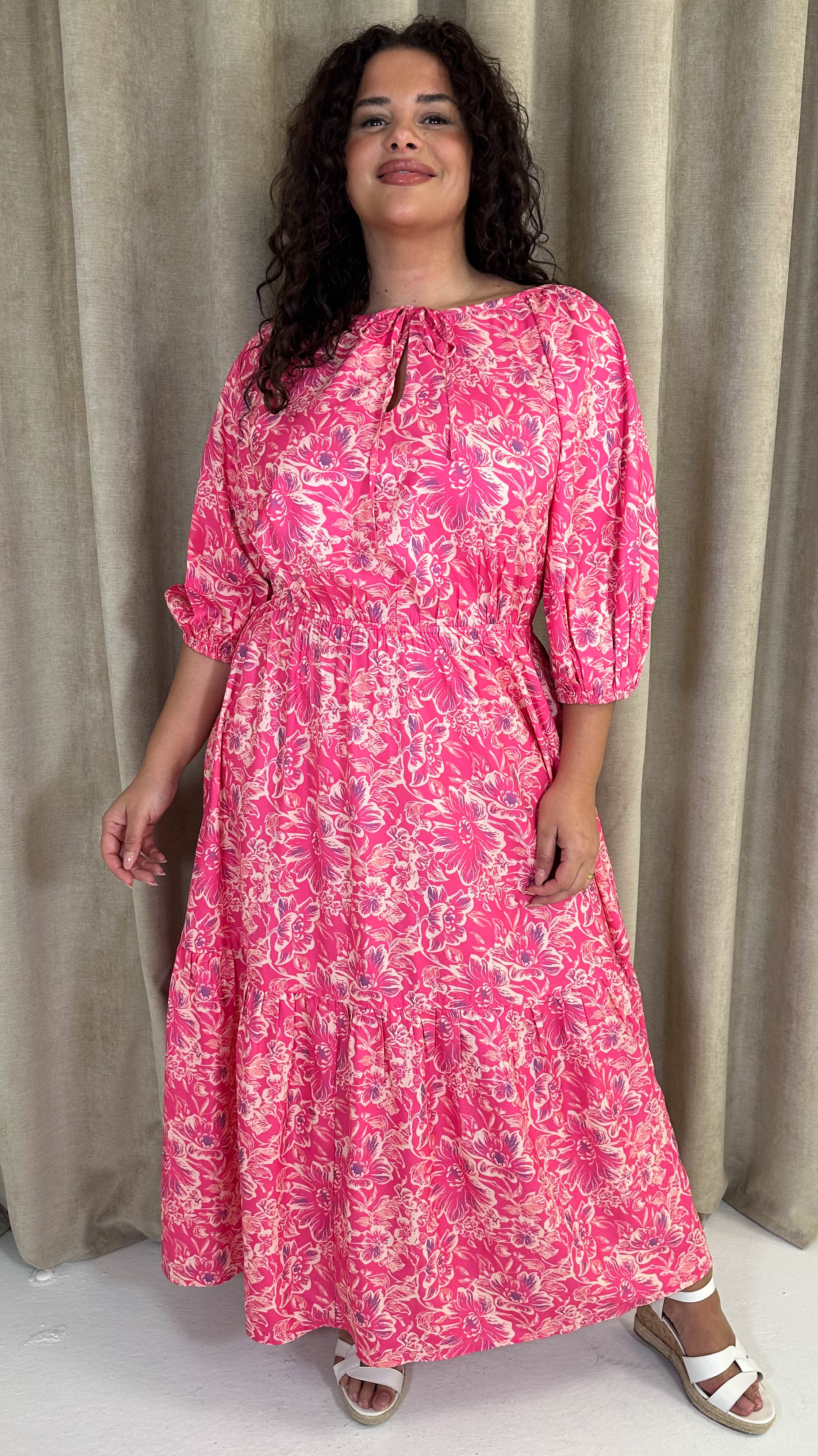 CurveWow Tie Neck Tiered Maxi Dress Pink Floral