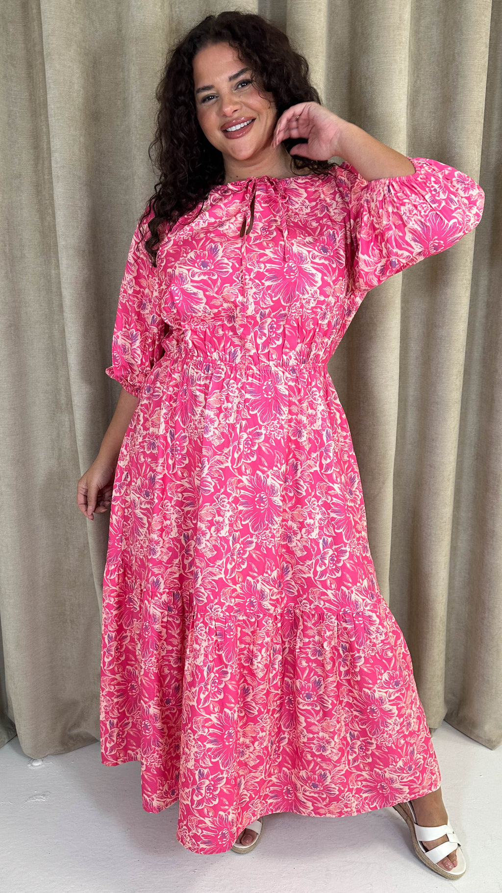 CurveWow Tie Neck Tiered Maxi Dress Pink Floral