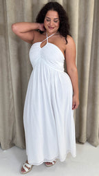 CurveWow Maxi Halter Neck Shirred Back Dress White