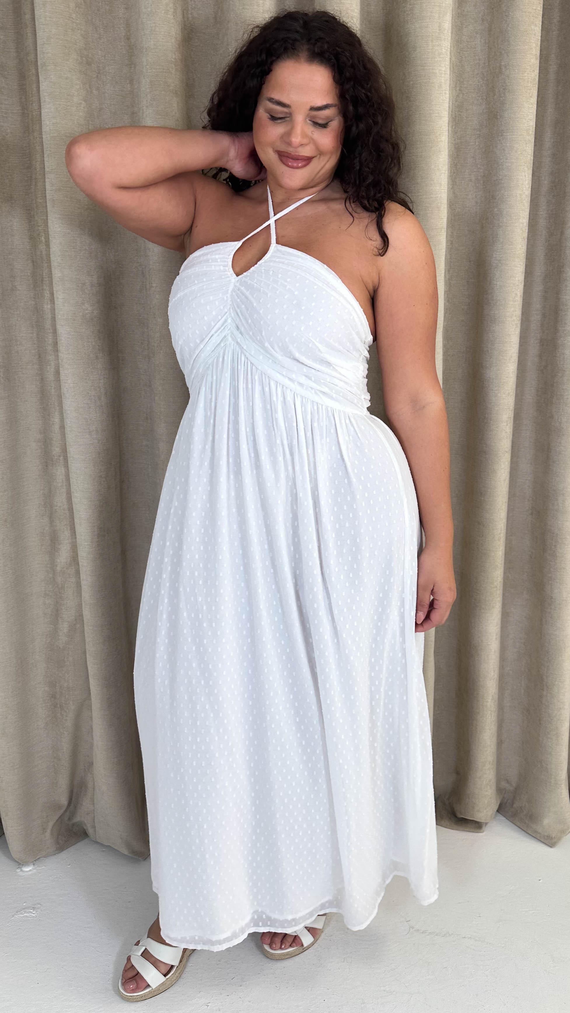 CurveWow Maxi Halter Neck Shirred Back Dress White