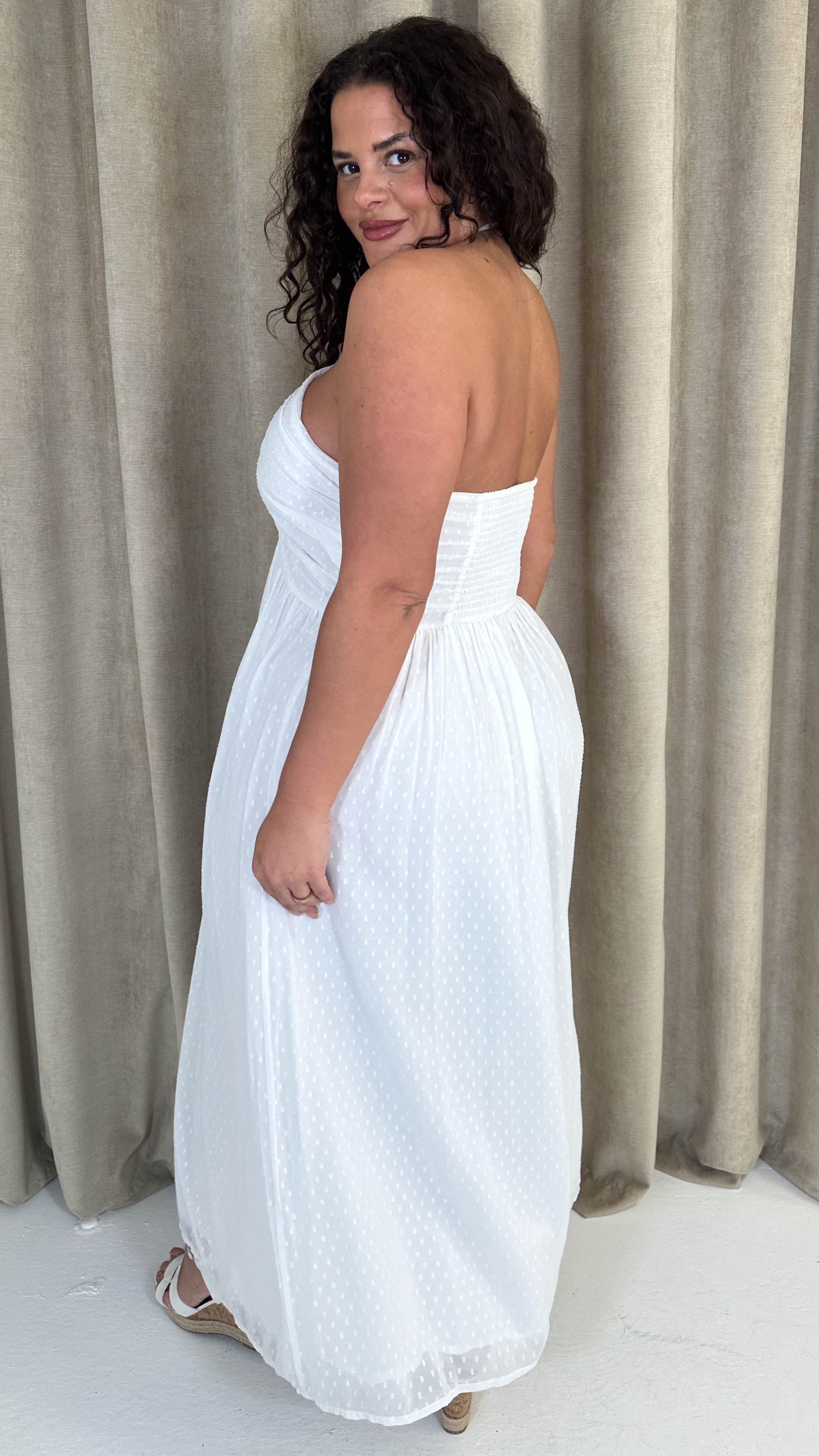 CurveWow Maxi Halter Neck Shirred Back Dress White