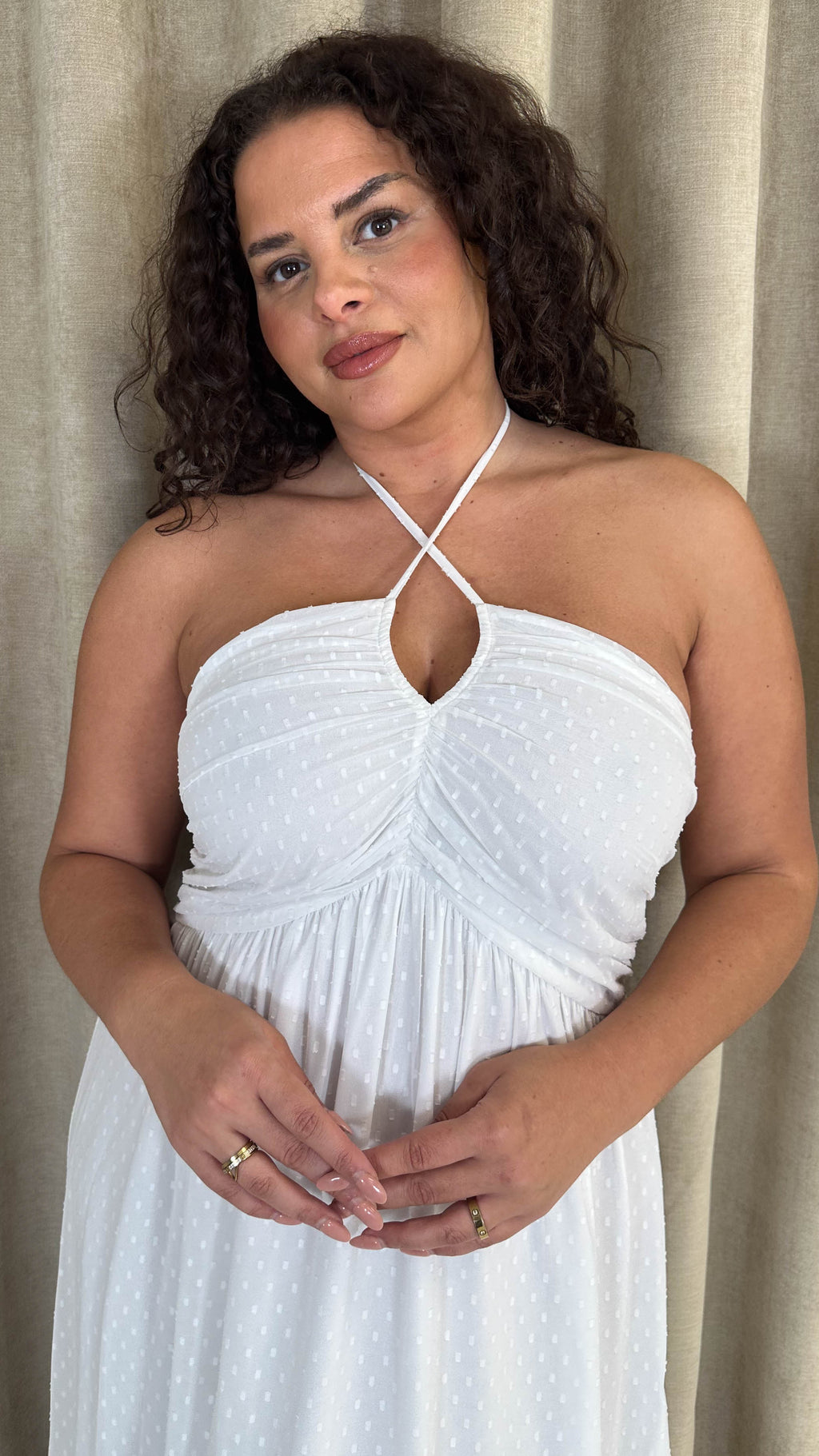CurveWow Maxi Halter Neck Shirred Back Dress White