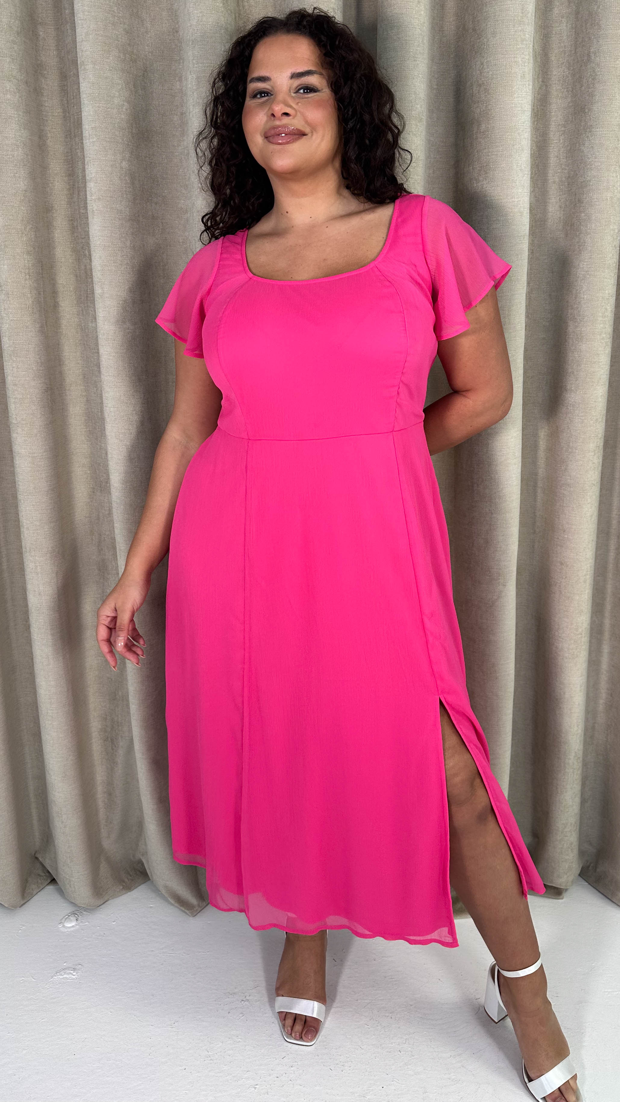 CurveWow Square Neck Tie Back Midi Dress Pink