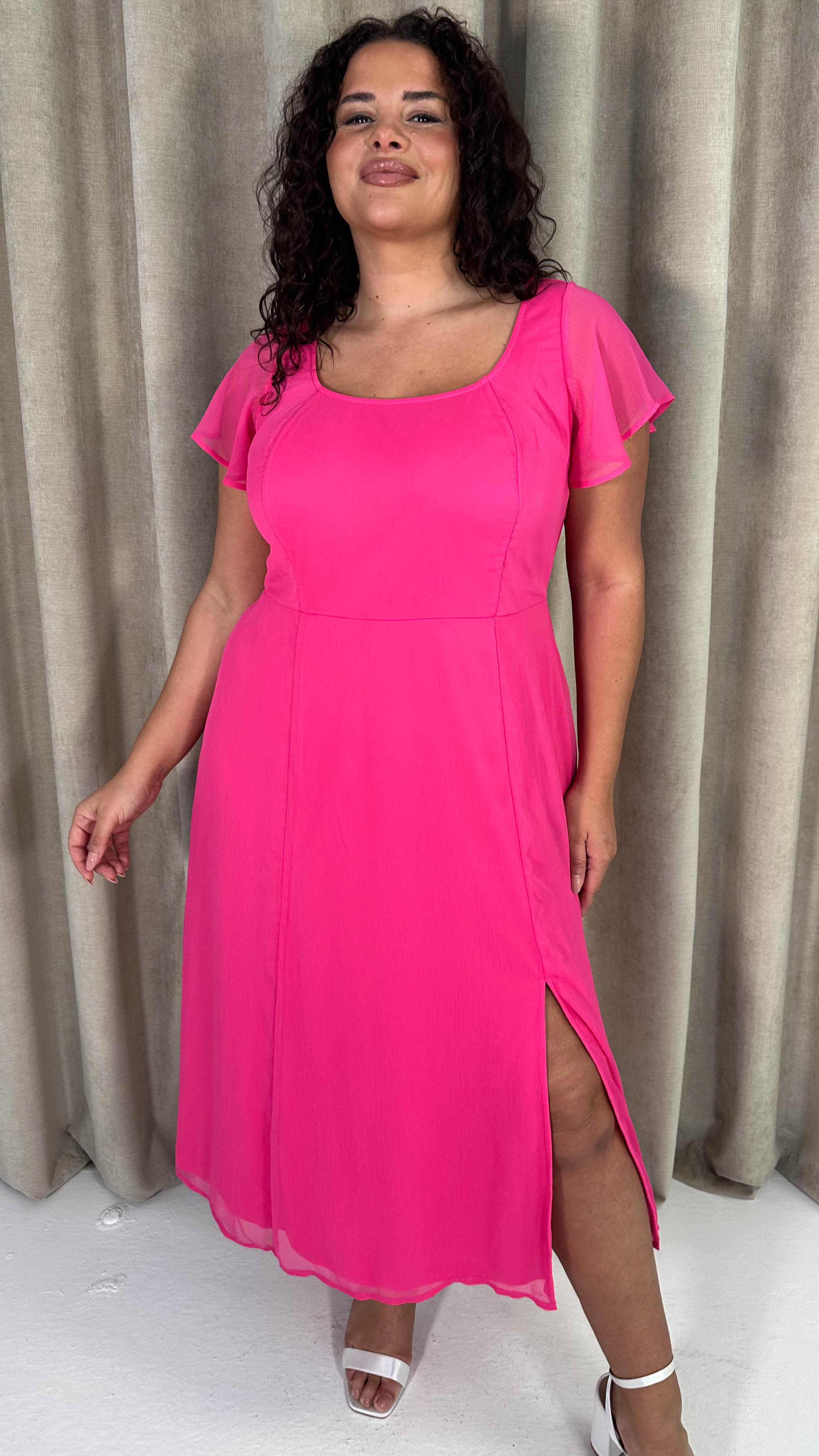 CurveWow Square Neck Tie Back Midi Dress Pink