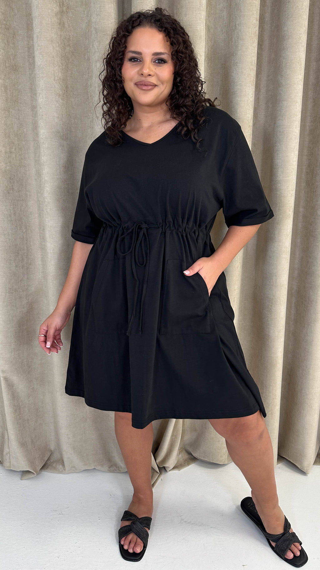 CurveWow Mini Drawcord T-Shirt Dress Black