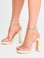 Eilish Gold Mirror Lace Up Strappy Platform Block High Heels