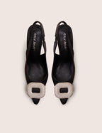 Floss Black Satin Diamante Embellished Sling Back Court Heels