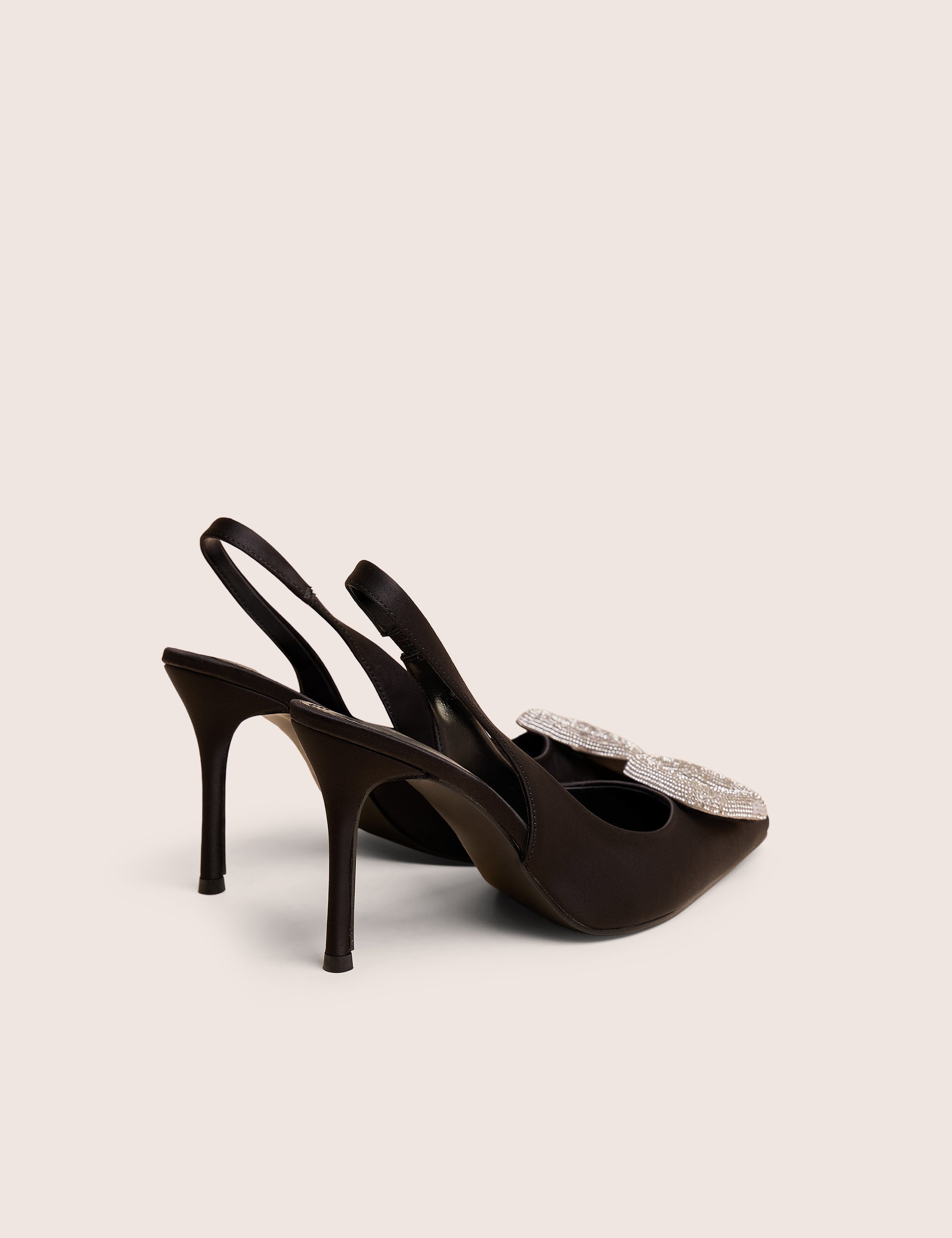 Floss Black Satin Diamante Embellished Sling Back Court Heels