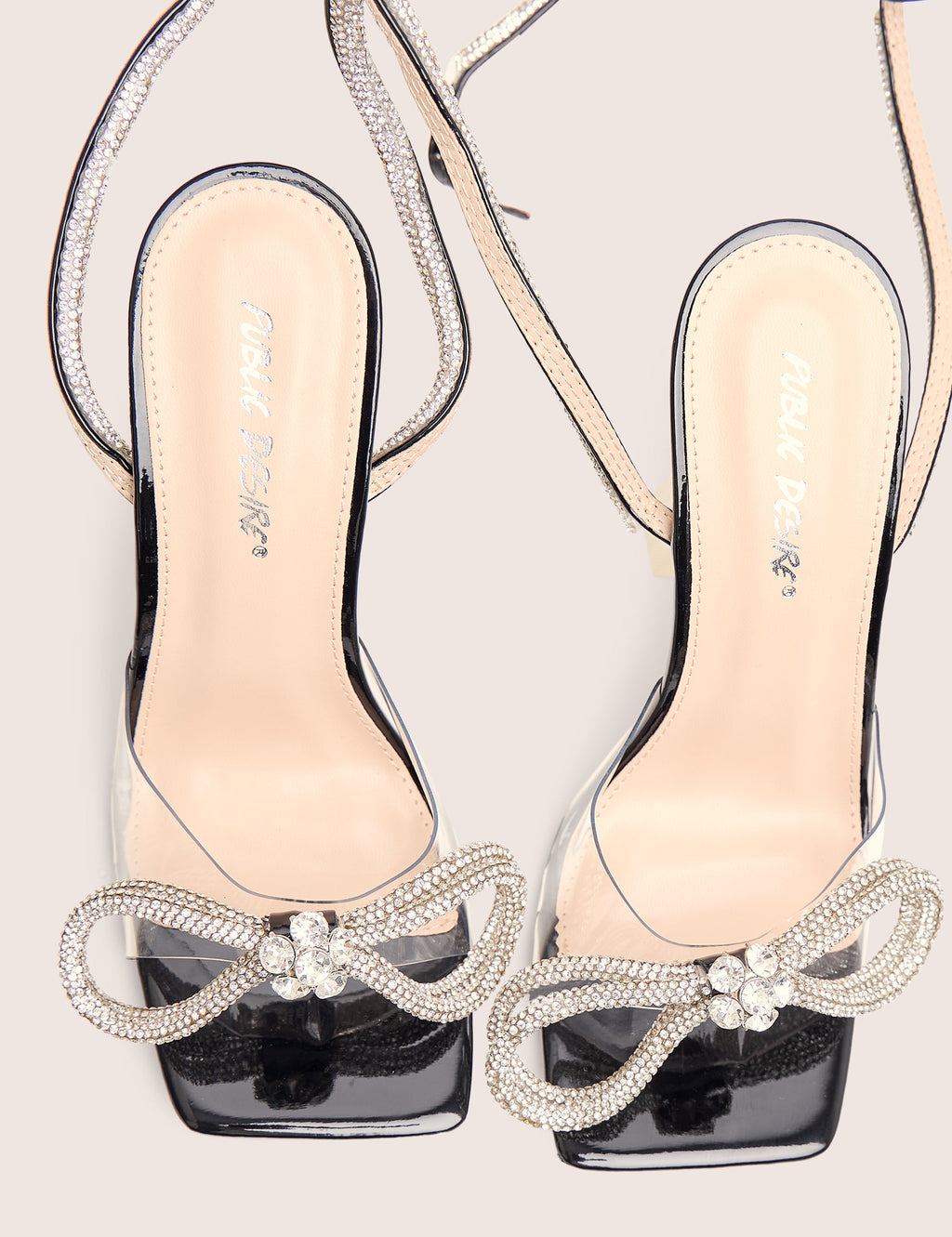 Glimmer Black Wrap Around Diamante Bow Square Toe Heels