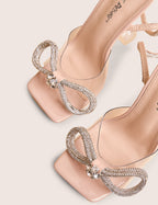 Glimmer Nude Wrap Around Diamante Bow Square Toe Heels