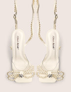 Glimmer White Wrap Around Pearl Detail Bow Square Toe Cake Stand Heels