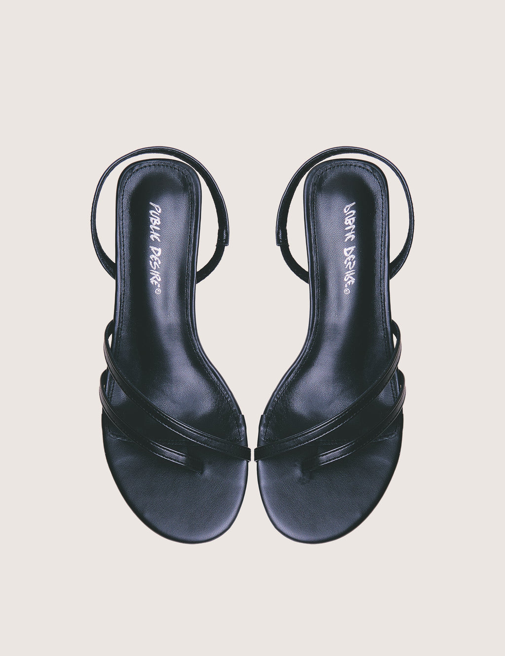Helios Black Pu Asymmetric Toe Strap Sling Back Mid Heels