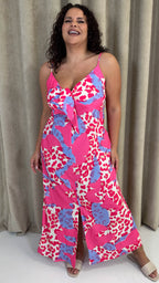 CurveWow Tie Front Cami Maxi Dress Pink Leopard