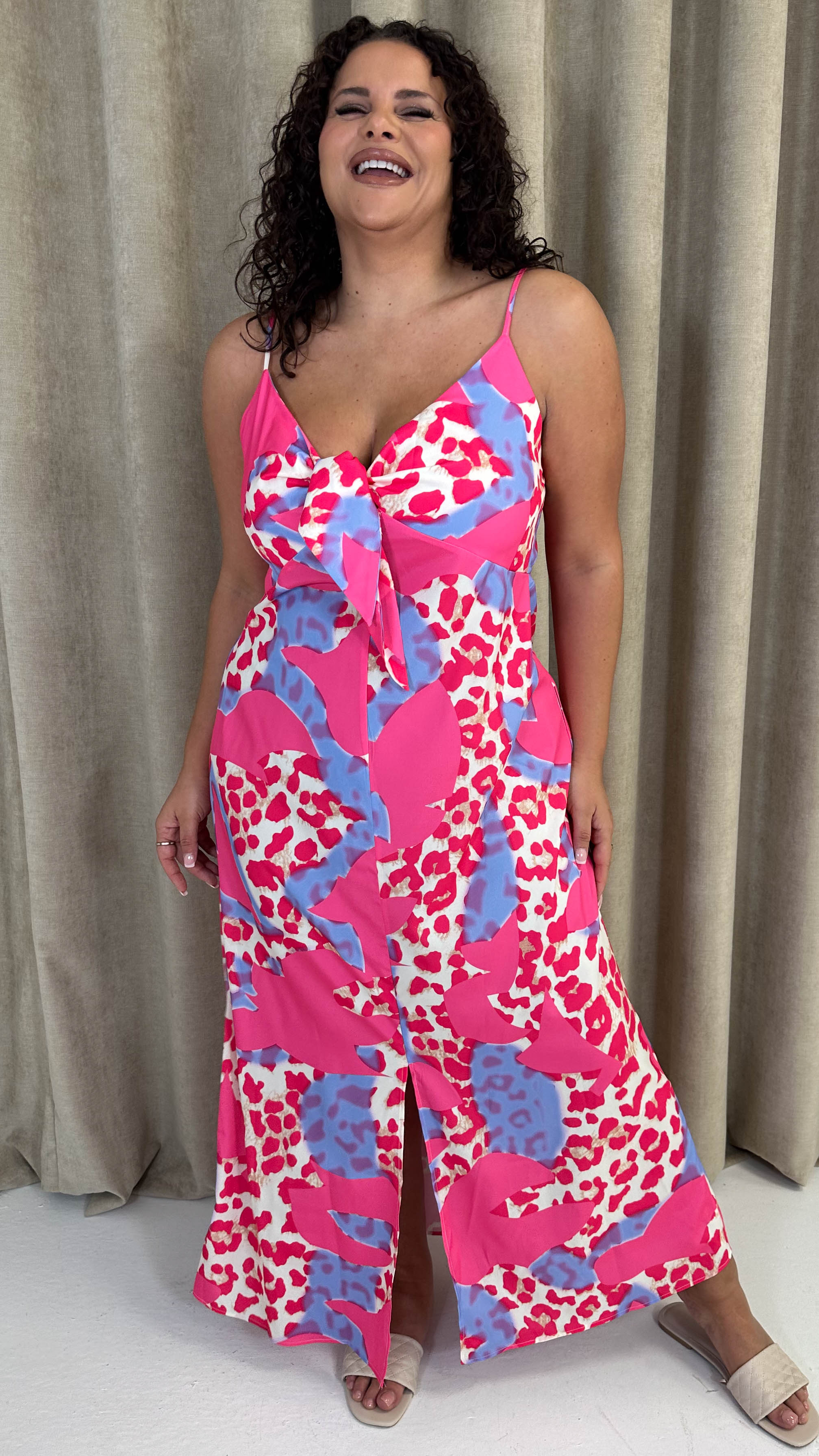CurveWow Tie Front Cami Maxi Dress Pink Leopard