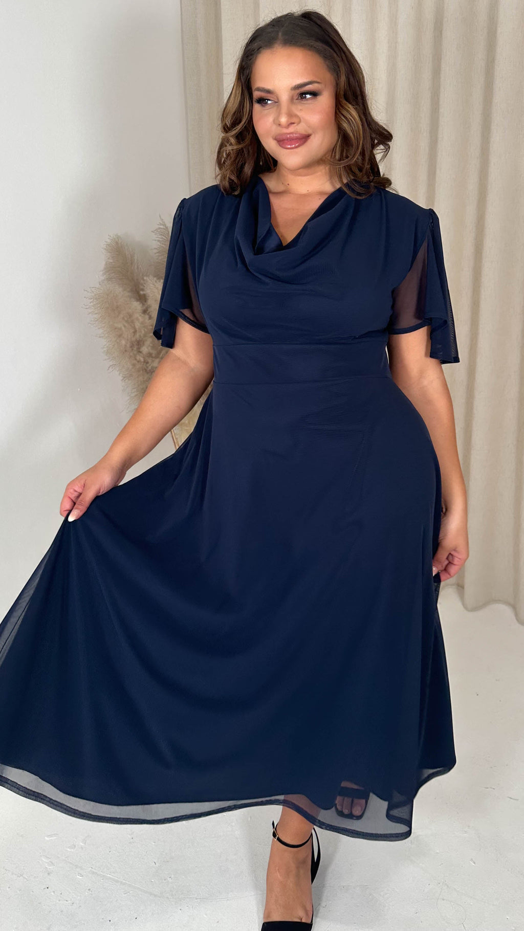 CurveWow Cowl Neck Mesh Angel Sleeve Dress Navy
