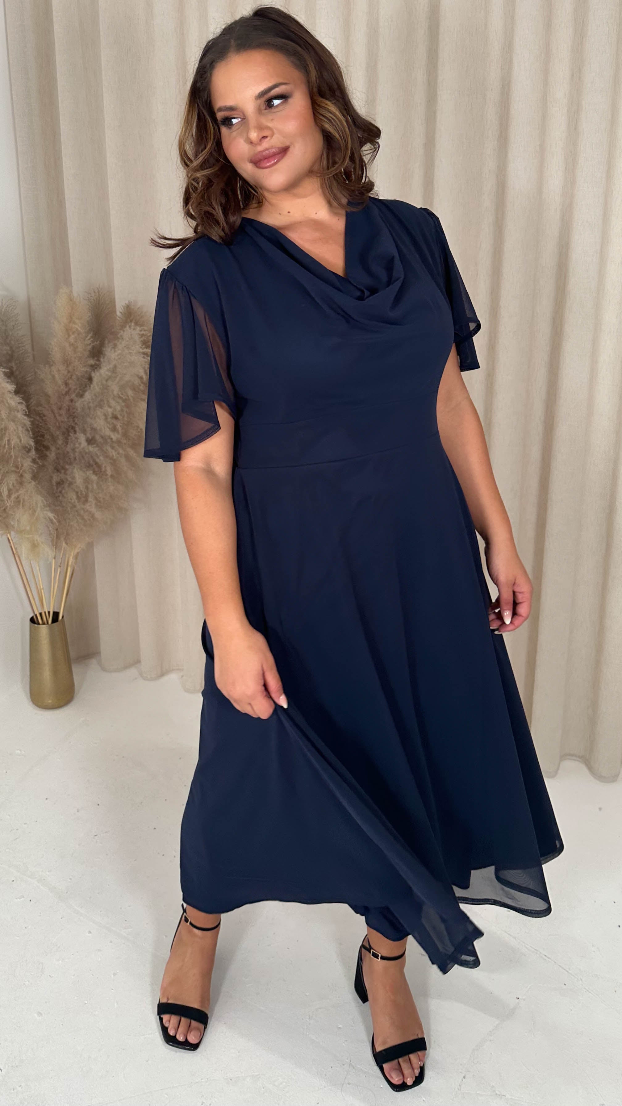 CurveWow Cowl Neck Mesh Angel Sleeve Dress Navy