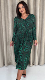 CurveWow Side Knot Pleated Dress Green Floral