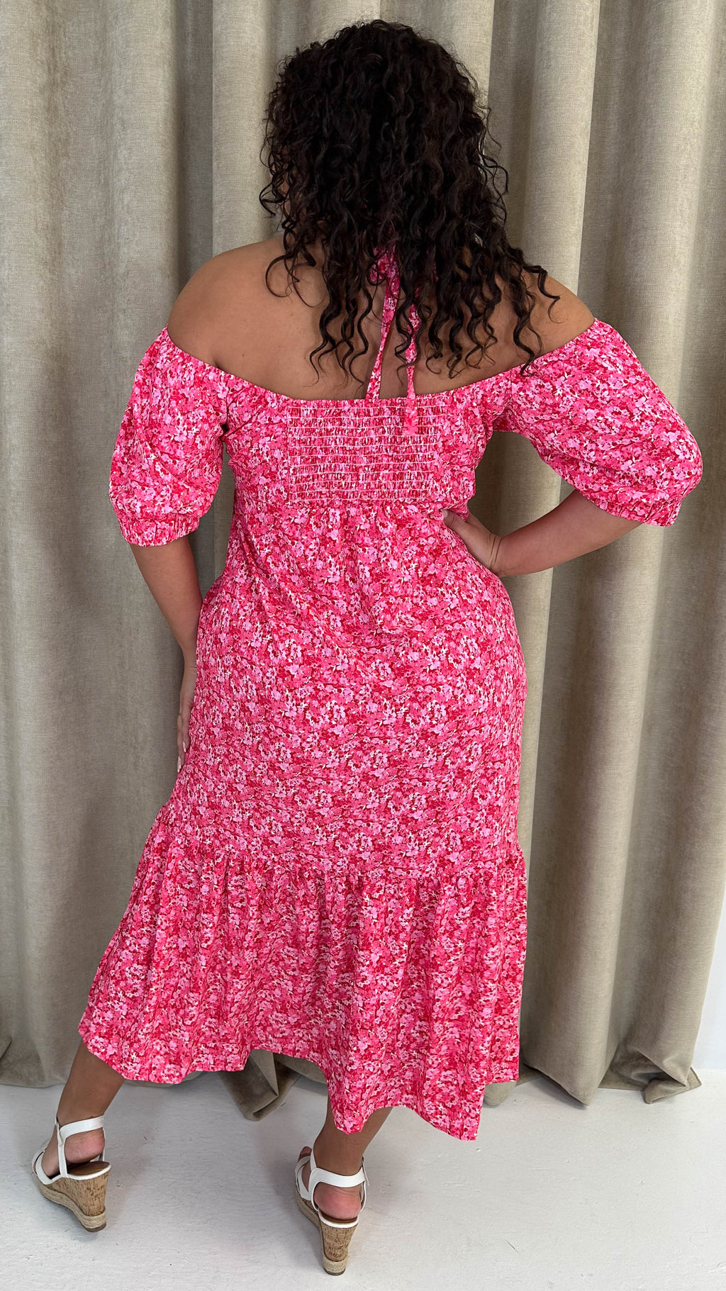 CurveWow Frill Hem Halter Tie Midi Dress Red/Pink Floral