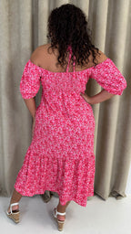 CurveWow Frill Hem Halter Tie Midi Dress Red/Pink Floral